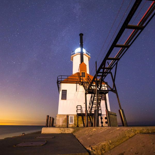St. Joseph North Pier Lighthouse at night.