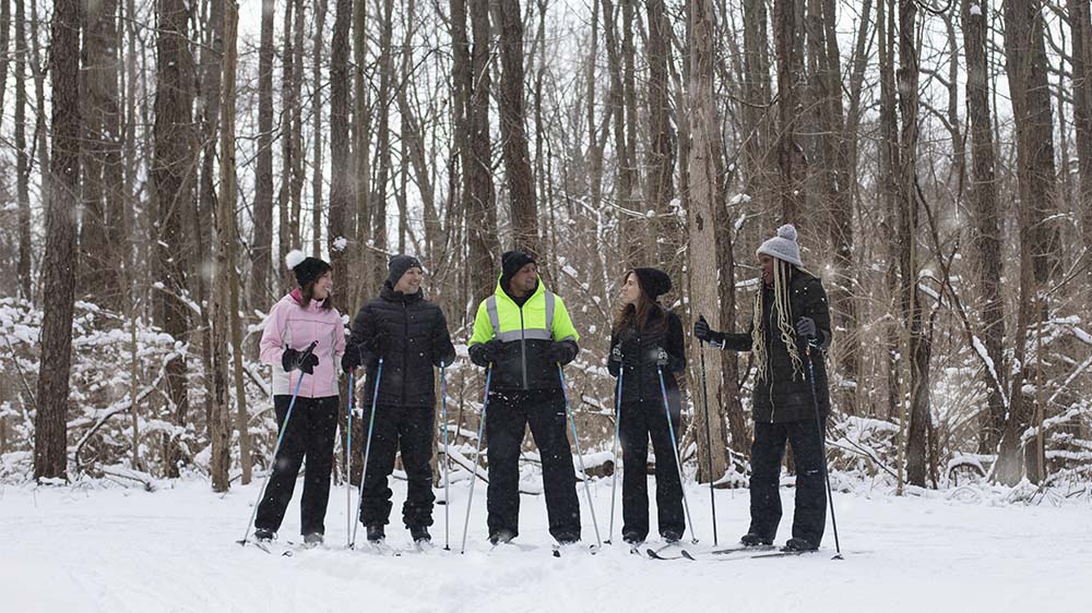 A group of people cross country skiing.
